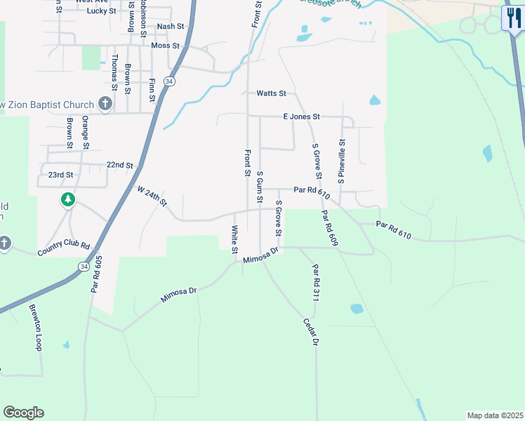 map of restaurants, bars, coffee shops, grocery stores, and more near 1907 South Gum Street in Winnfield