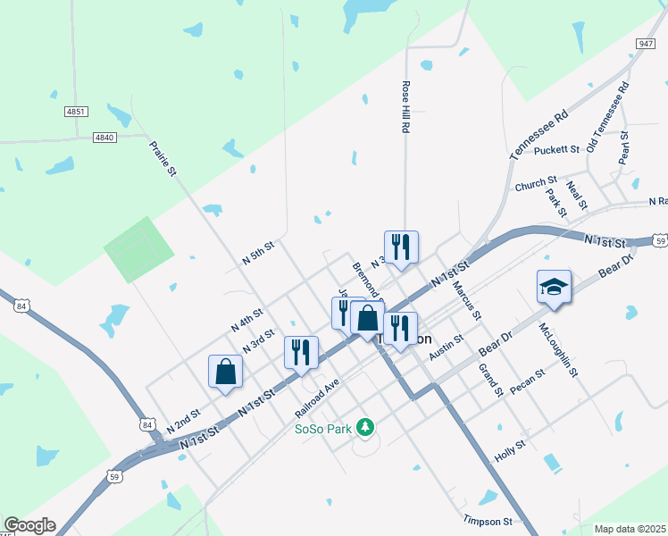 map of restaurants, bars, coffee shops, grocery stores, and more near 699 North 4th Street in Timpson