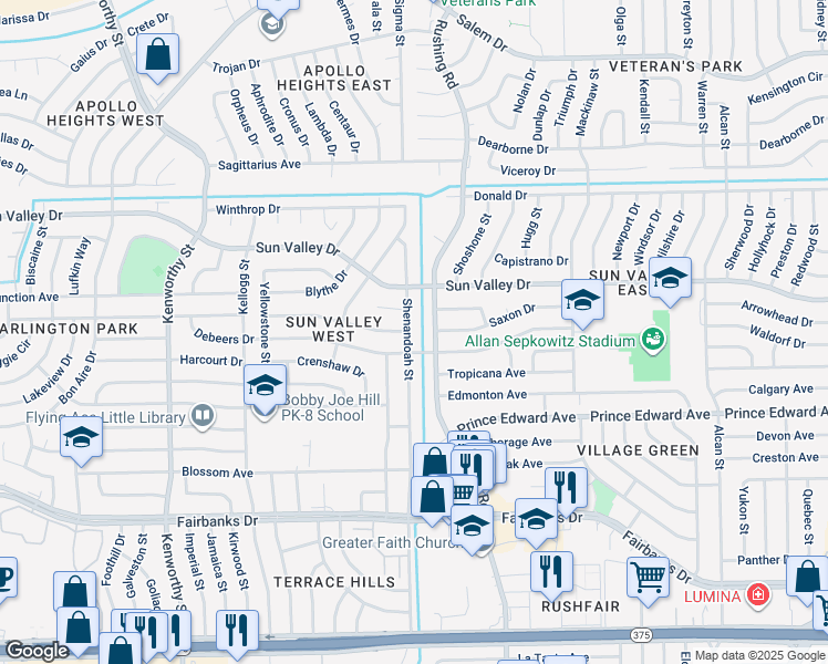 map of restaurants, bars, coffee shops, grocery stores, and more near 10312 Shenandoah Street in El Paso