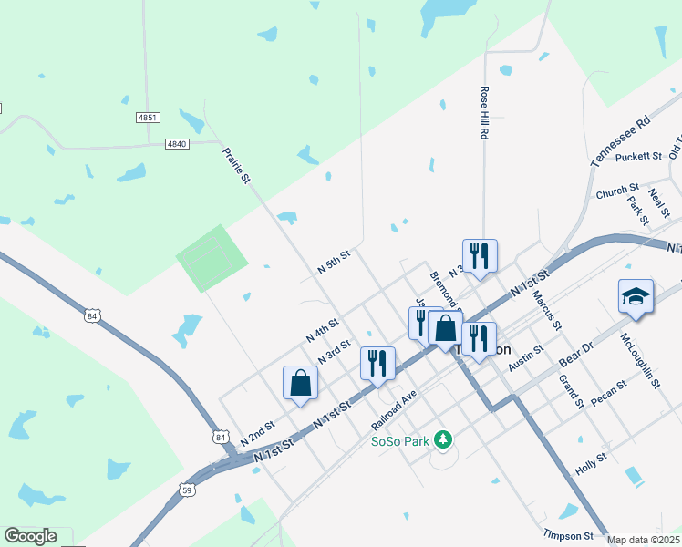map of restaurants, bars, coffee shops, grocery stores, and more near 146 North 5th Street in Timpson