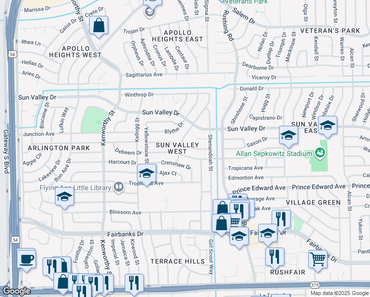map of restaurants, bars, coffee shops, grocery stores, and more near 5005 Royal Drive in El Paso