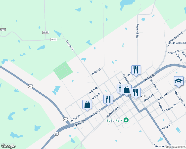 map of restaurants, bars, coffee shops, grocery stores, and more near 146 North 5th Street in Timpson