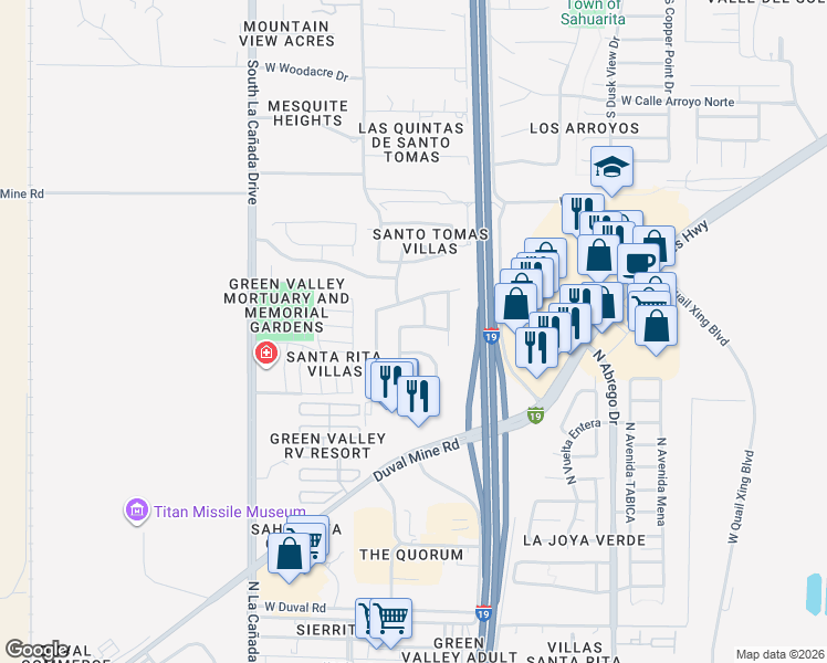 map of restaurants, bars, coffee shops, grocery stores, and more near 1103 West Camino Luna Llena in Sahuarita