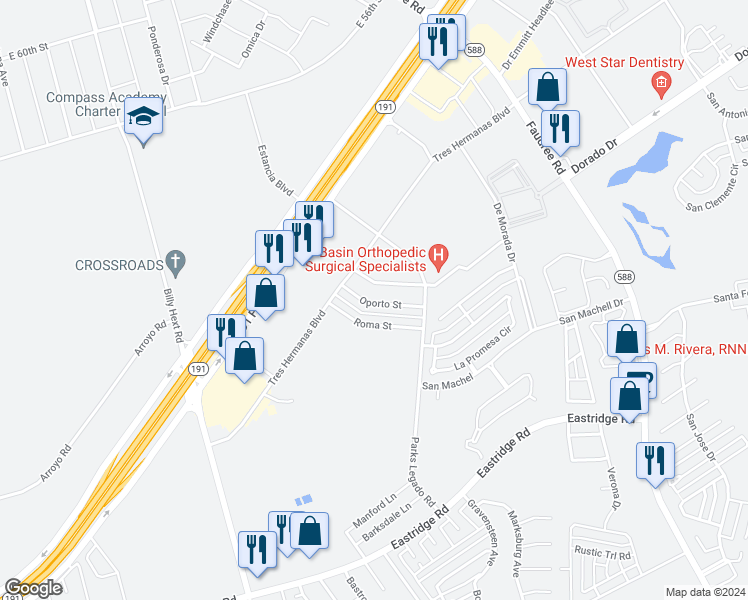 map of restaurants, bars, coffee shops, grocery stores, and more near 3918 Oporto Street in Odessa