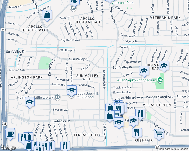 map of restaurants, bars, coffee shops, grocery stores, and more near 5005 Royal Drive in El Paso