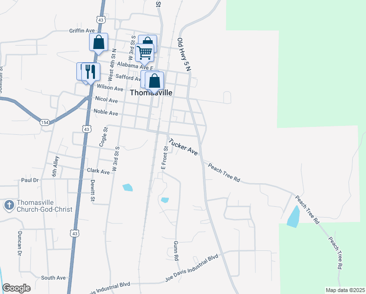 map of restaurants, bars, coffee shops, grocery stores, and more near Tucker Avenue in Thomasville