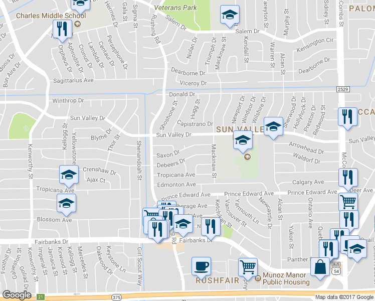 map of restaurants, bars, coffee shops, grocery stores, and more near 5220 Saxon Drive in El Paso