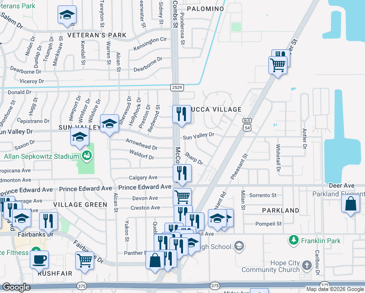 map of restaurants, bars, coffee shops, grocery stores, and more near 10261 Sharp Drive in El Paso