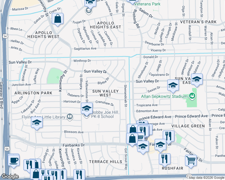 map of restaurants, bars, coffee shops, grocery stores, and more near 5005 Royal Drive in El Paso