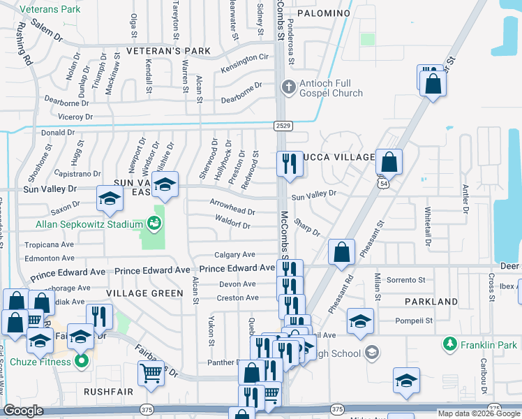 map of restaurants, bars, coffee shops, grocery stores, and more near 5733 Arrowhead Drive in El Paso