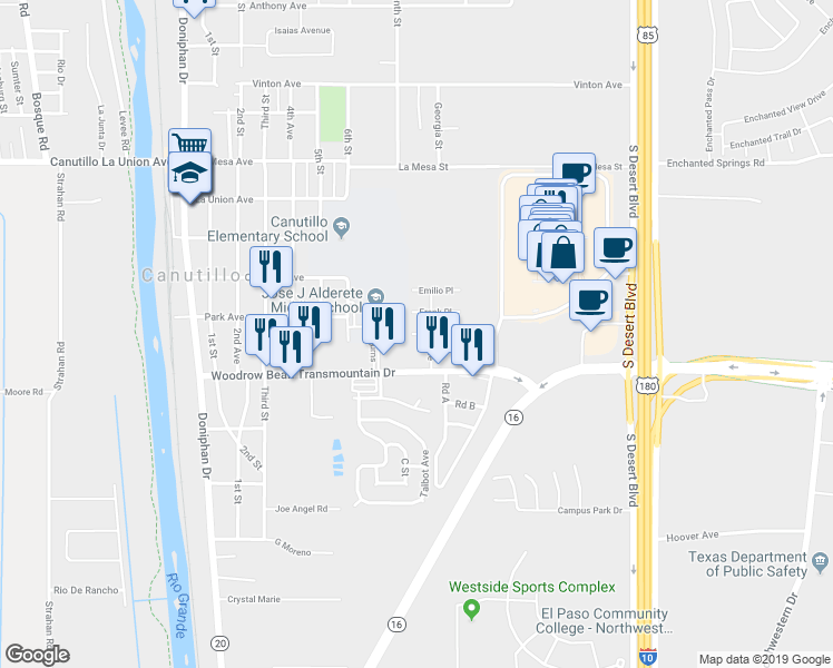 map of restaurants, bars, coffee shops, grocery stores, and more near 829 Lazaro Place in Canutillo