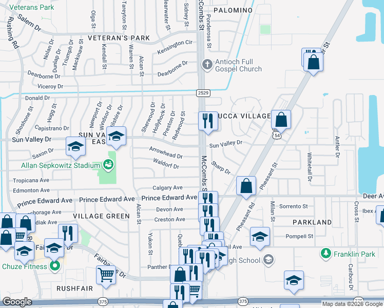 map of restaurants, bars, coffee shops, grocery stores, and more near 5733 Arrowhead Drive in El Paso