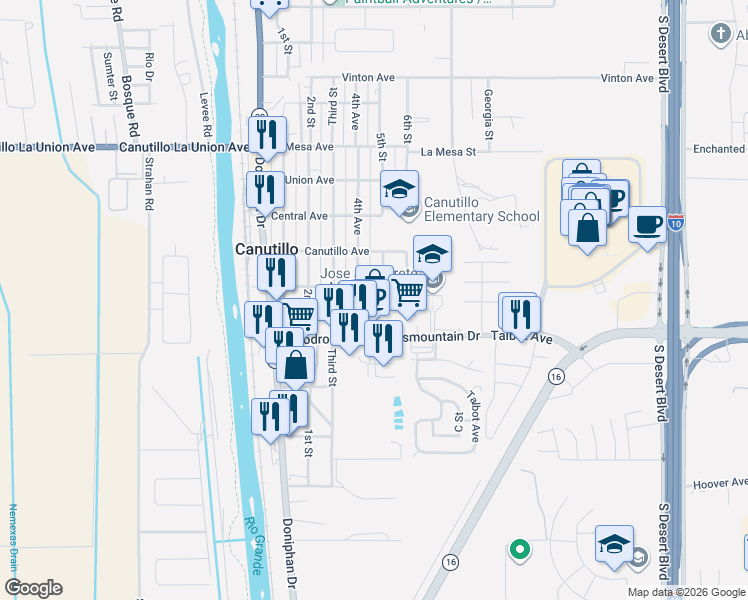 map of restaurants, bars, coffee shops, grocery stores, and more near 6880 4th Avenue in Canutillo