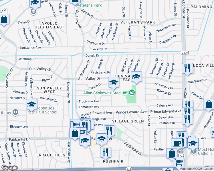 map of restaurants, bars, coffee shops, grocery stores, and more near 5308 Saxon Drive in El Paso