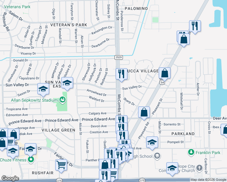 map of restaurants, bars, coffee shops, grocery stores, and more near 10261 Sharp Drive in El Paso