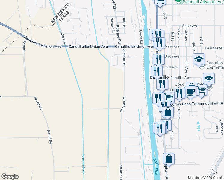 map of restaurants, bars, coffee shops, grocery stores, and more near 100-298 Strahan Road in El Paso