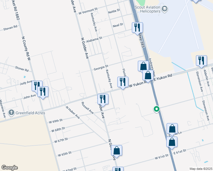 map of restaurants, bars, coffee shops, grocery stores, and more near 400-410 West Yukon Road in Odessa
