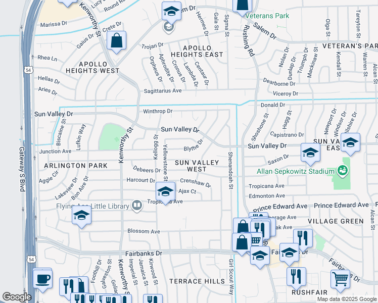 map of restaurants, bars, coffee shops, grocery stores, and more near 10328 Blythe Drive in El Paso