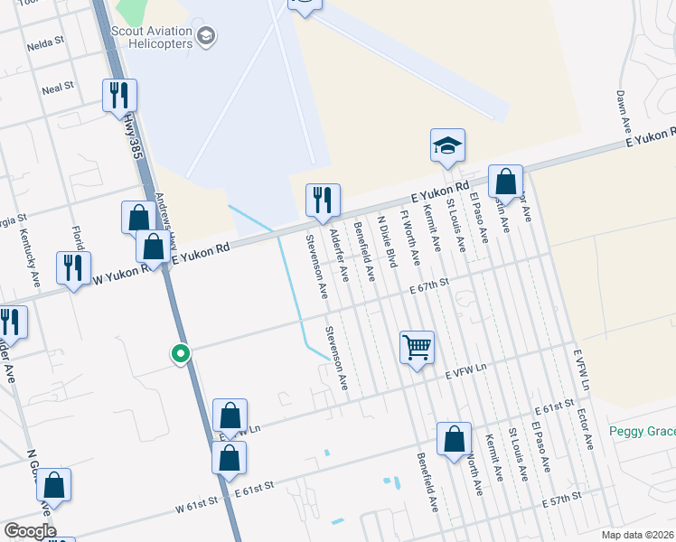 map of restaurants, bars, coffee shops, grocery stores, and more near 6800 Alderfer Avenue in Odessa