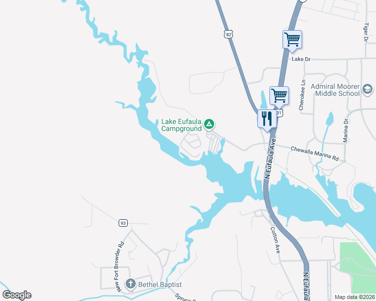 map of restaurants, bars, coffee shops, grocery stores, and more near 391-417 West Chewalla Creek Drive in Eufaula