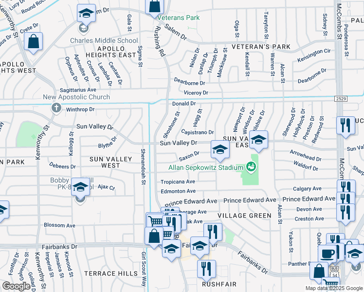 map of restaurants, bars, coffee shops, grocery stores, and more near 5217 Sun Valley Drive in El Paso