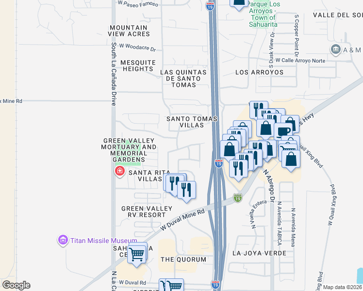 map of restaurants, bars, coffee shops, grocery stores, and more near 1141 West Calle Vista De Suenos in Sahuarita