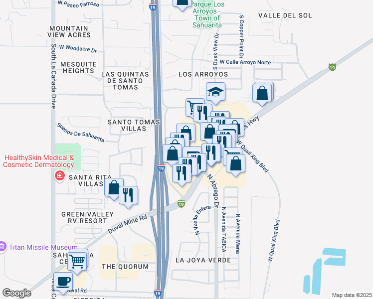 map of restaurants, bars, coffee shops, grocery stores, and more near 18705 South I 19 Frontage Road in Green Valley