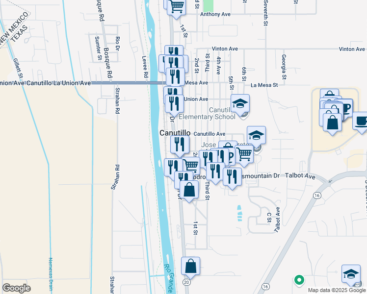 map of restaurants, bars, coffee shops, grocery stores, and more near 1st Avenue in Canutillo