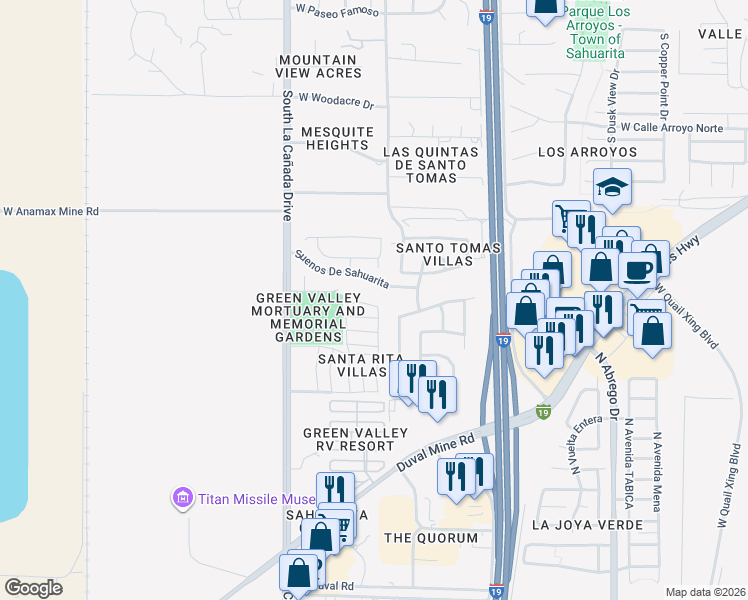 map of restaurants, bars, coffee shops, grocery stores, and more near 1242 West Wickford Drive in Sahuarita