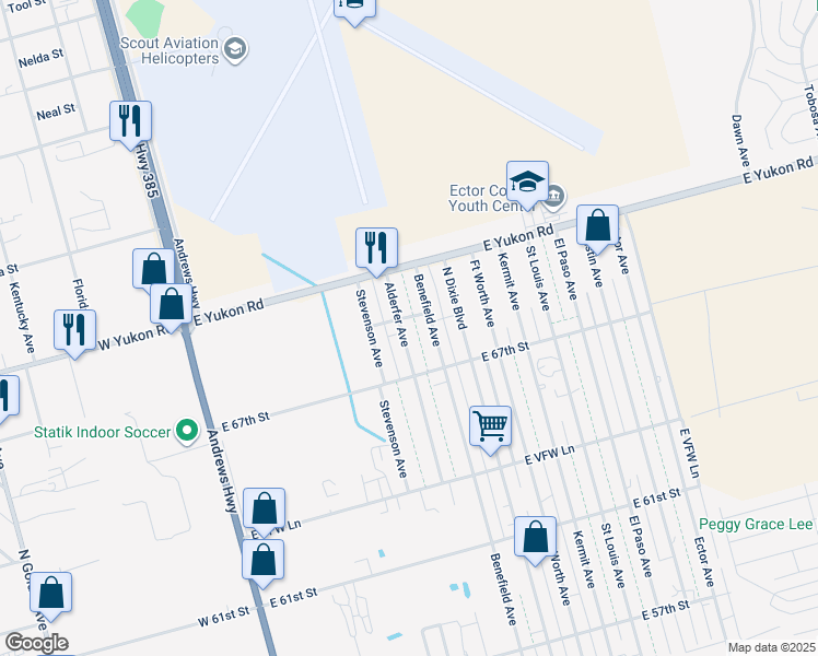 map of restaurants, bars, coffee shops, grocery stores, and more near 6800 Alderfer Avenue in Odessa