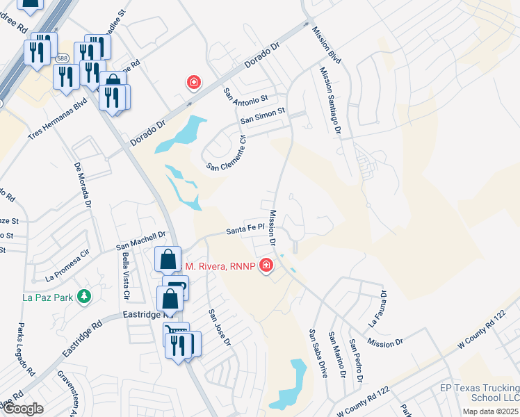 map of restaurants, bars, coffee shops, grocery stores, and more near 98 Santa Barbara Court in Odessa