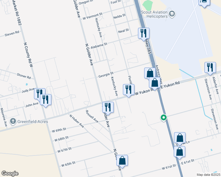 map of restaurants, bars, coffee shops, grocery stores, and more near 400 West Yukon Road in Odessa