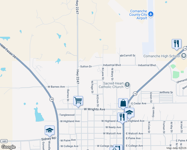 map of restaurants, bars, coffee shops, grocery stores, and more near 400 Sutton Drive in Comanche