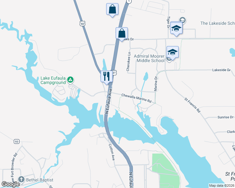 map of restaurants, bars, coffee shops, grocery stores, and more near 73 Chewalla Road in Eufaula