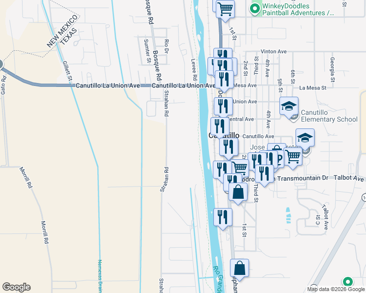 map of restaurants, bars, coffee shops, grocery stores, and more near 100-298 Strahan Road in El Paso