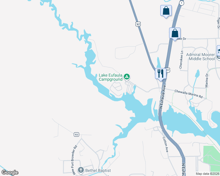 map of restaurants, bars, coffee shops, grocery stores, and more near 391-417 West Chewalla Creek Drive in Eufaula