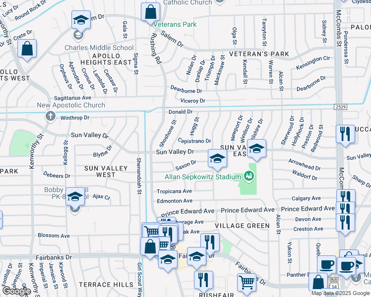 map of restaurants, bars, coffee shops, grocery stores, and more near 5217 Sun Valley Drive in El Paso