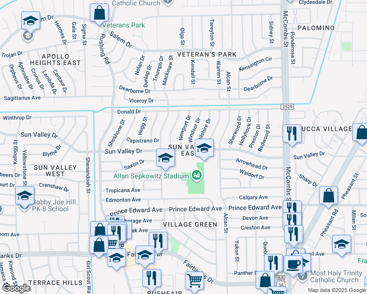 map of restaurants, bars, coffee shops, grocery stores, and more near 10300 Newport Drive in El Paso
