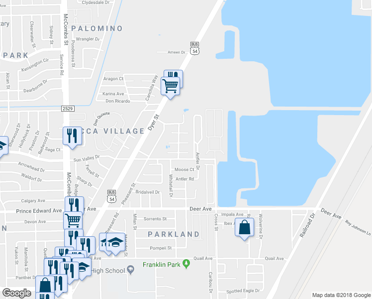 map of restaurants, bars, coffee shops, grocery stores, and more near 6121 Carole Jeschke Court in El Paso