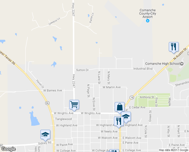 map of restaurants, bars, coffee shops, grocery stores, and more near 400 Sutton Drive in Comanche