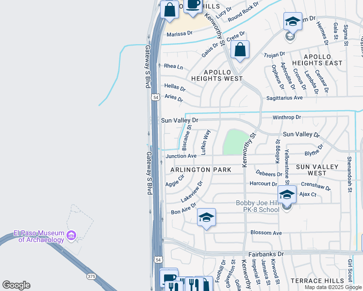 map of restaurants, bars, coffee shops, grocery stores, and more near 10325 Biscaine Street in El Paso