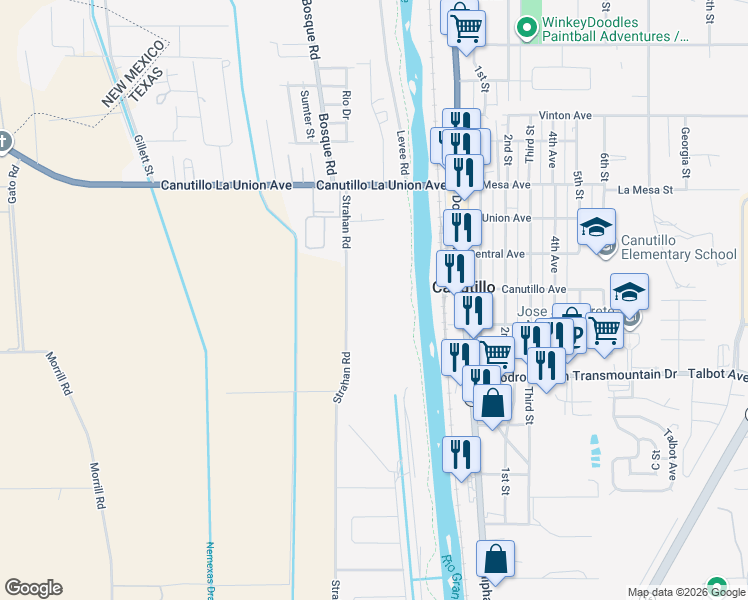 map of restaurants, bars, coffee shops, grocery stores, and more near 100-298 Strahan Road in El Paso
