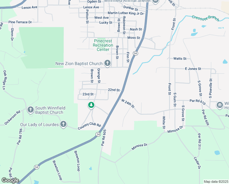 map of restaurants, bars, coffee shops, grocery stores, and more near 305 22nd Street in Winnfield