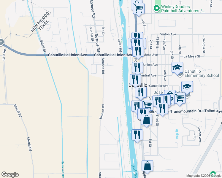 map of restaurants, bars, coffee shops, grocery stores, and more near 100-298 Strahan Road in El Paso