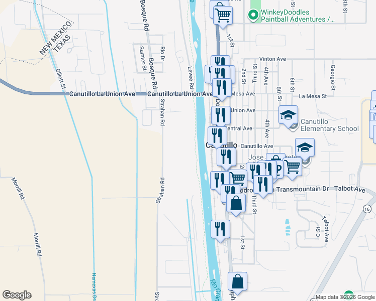 map of restaurants, bars, coffee shops, grocery stores, and more near 100-298 Strahan Road in El Paso