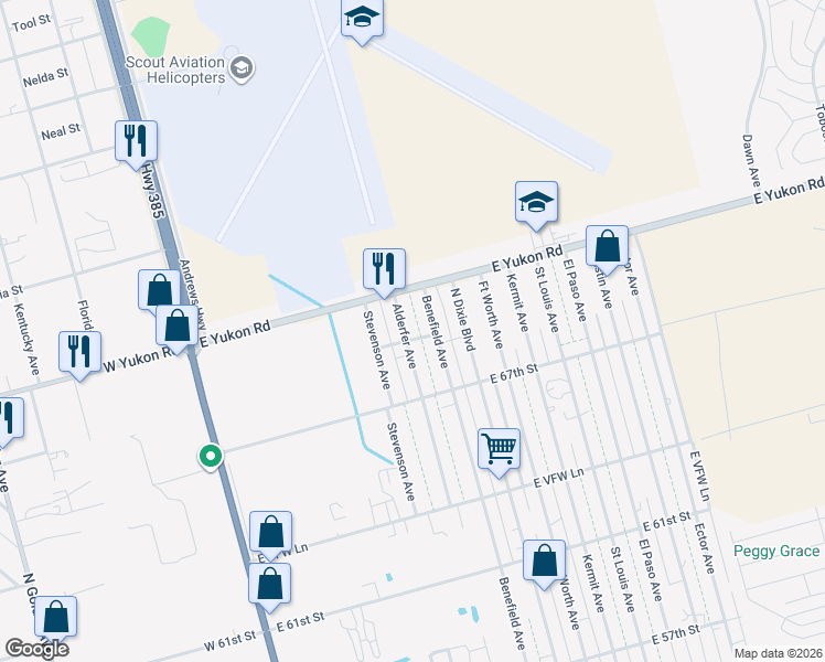 map of restaurants, bars, coffee shops, grocery stores, and more near 6800 Alderfer Avenue in Odessa