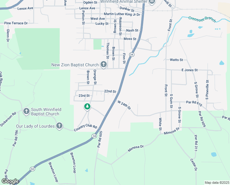 map of restaurants, bars, coffee shops, grocery stores, and more near 1701 South Jones Street in Winnfield