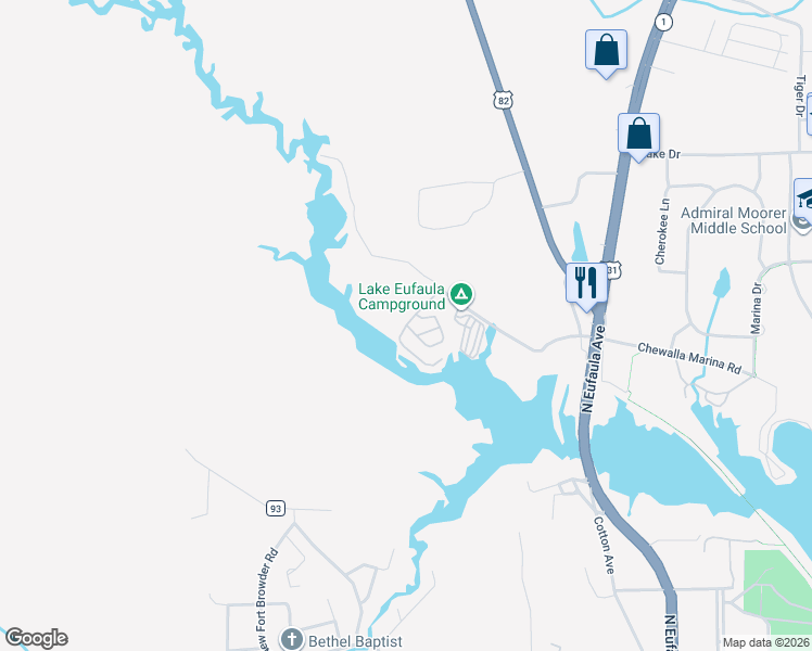 map of restaurants, bars, coffee shops, grocery stores, and more near 391 West Chewalla Creek Drive in Eufaula