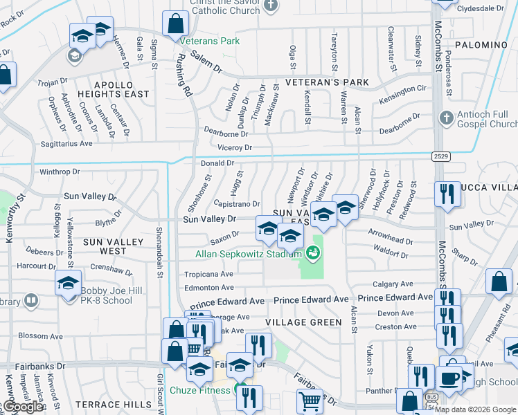 map of restaurants, bars, coffee shops, grocery stores, and more near 5313 Sun Valley Drive in El Paso