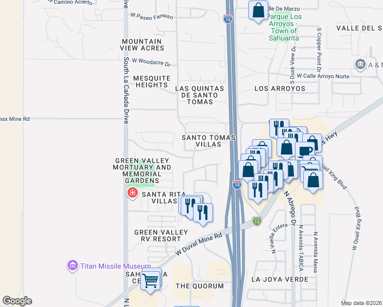 map of restaurants, bars, coffee shops, grocery stores, and more near 1141 West Calle Vista De Suenos in Sahuarita